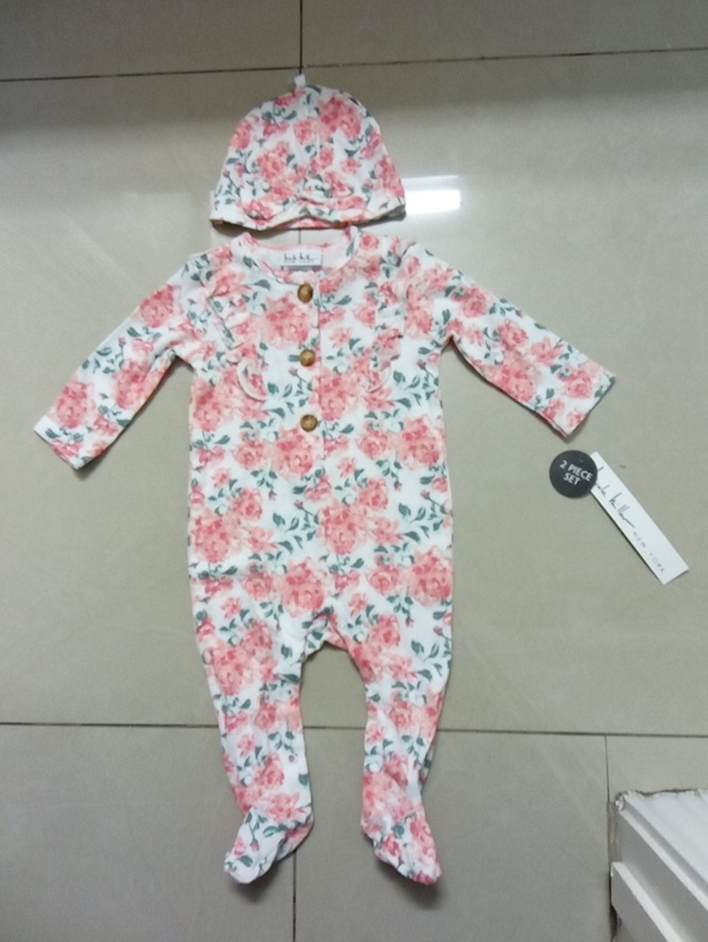 Nicole Miller Pink and Cream Floral Baby Footie with Matching Hat